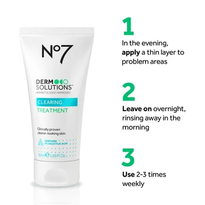 A tube of N°7 DERMO SOLUTIONS CLEARING TREATMENT is shown next to three numbered steps for usage: 1 In the evening, apply a thin layer to problem areas 2 Leave on overnight, rinsing away in the morning 3 Use 2-3 times weekly.
