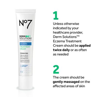A tube of No7 Derm Solutions Eczema Treatment Cream is next to instructions: 1 Unless otherwise indicated by your healthcare provider, Derm Solutions™ Eczema Treatment Cream should be applied twice daily or as often as needed 2 The cream should be gently massaged on the affected areas of skin.