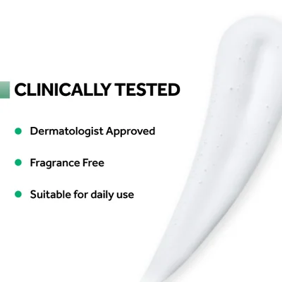 Image shows text and a swipe of white liquid on a white background with the words CLINICALLY TESTED, Dermatologist Approved, Fragrance Free, Suitable for daily use.