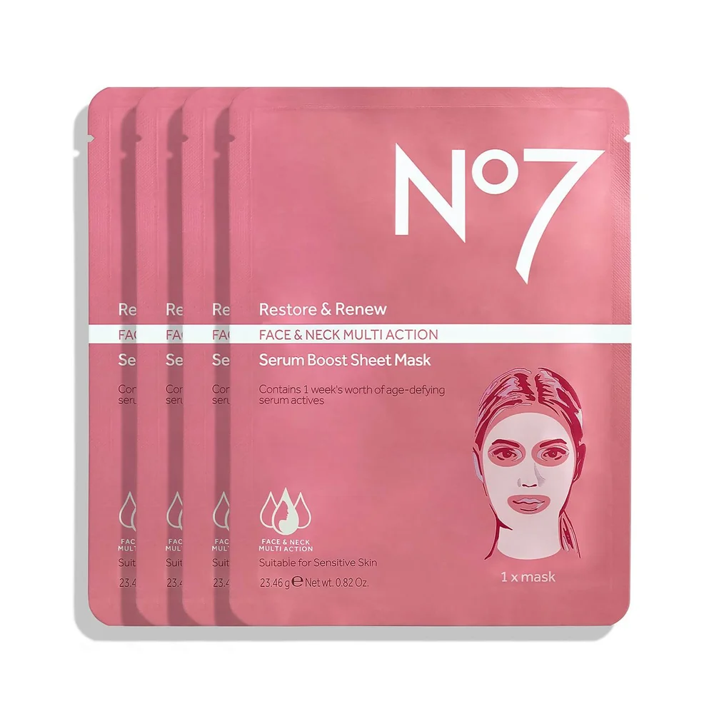 Restore & Renew Face & Neck Multi Action Serum Boost Sheet Masks (4 Masks) Image 1