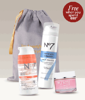 Free 3‑Piece Gift. Enjoy three full‑size No7 favourites to pamper and nourish your skin when you spend £60. Image features gift with grey velvet pouch, No7 Essential Moisture Night Cream, Instant Results Nourishing Hydration Mask and No7 Cleansing Hot Cloth Cleanser. Text at the top reads 'free when you spend £60*, worth £41.85'