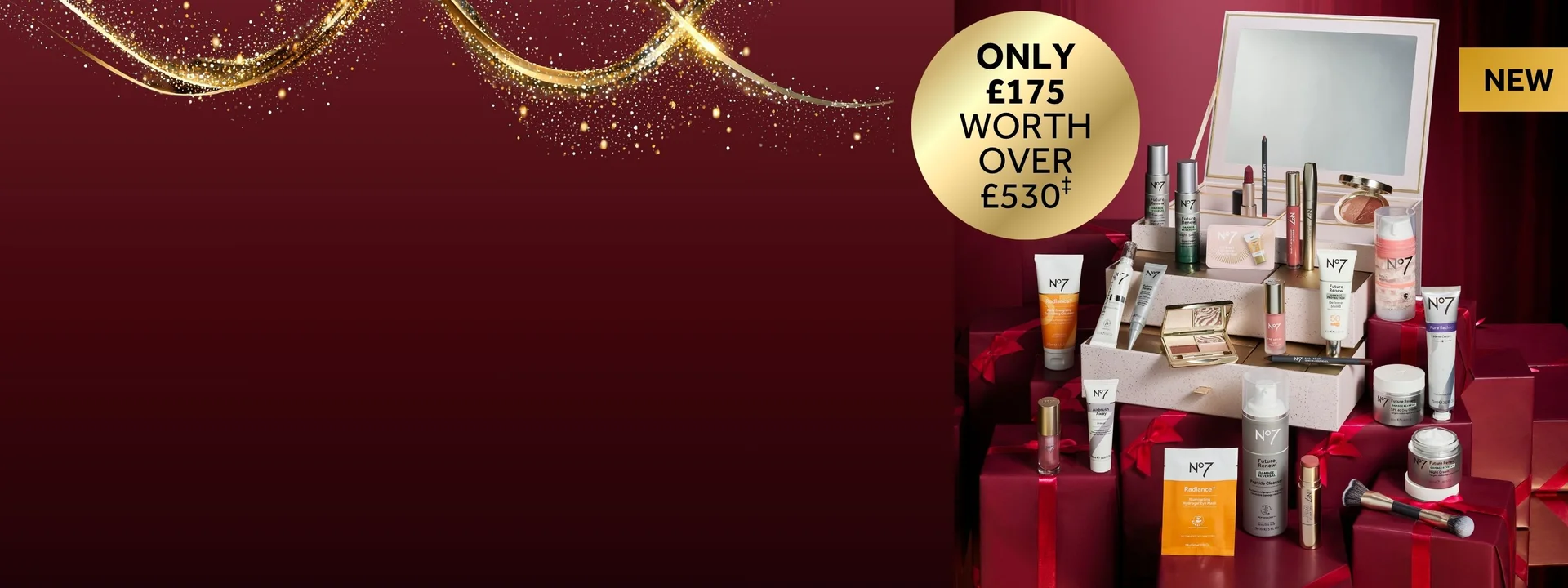 No7 2025 Beauty Advent Calendar photo on a burgundy and black ombre background with gold glitter overlay. Roundel in image says "only £175. Worth over £500"