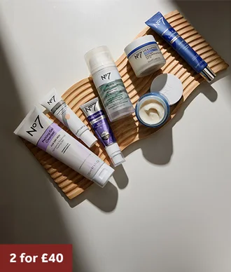 Image features No7 Melting Gel Cleanser, Pure Retinol Night Concentrate, HydraLuminous+ Mask Hydrating Dual Phase Mask, Lift & Luminous Day Cream, Lift & Luminate Triple Action Serum. Text at the bottom reads 2 for £40.
