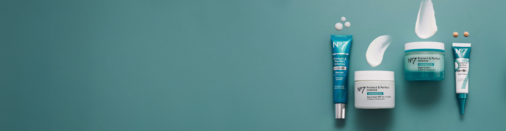 No7 Protect & Perfect regime on a blue background with product swatches on the surface above them