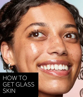 'How to get mirror skin' text in white over black box. Image is close up model shot showing the mirror skin look.