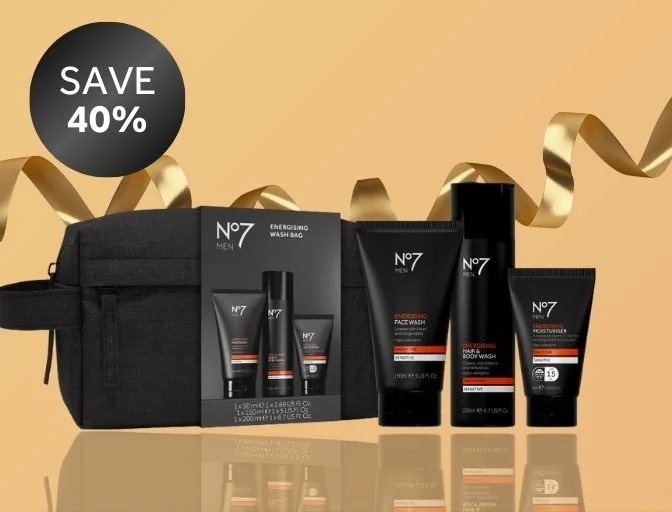 No7 MEN ENERGISING WASH BAG on a gold background with a roundel that reads 'save 40%'