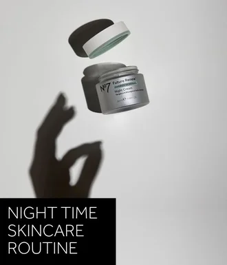 'Nighttime skincare routine' text in white over black box. Image is photo of Future Renew Night Serum surrounded by bubbles
