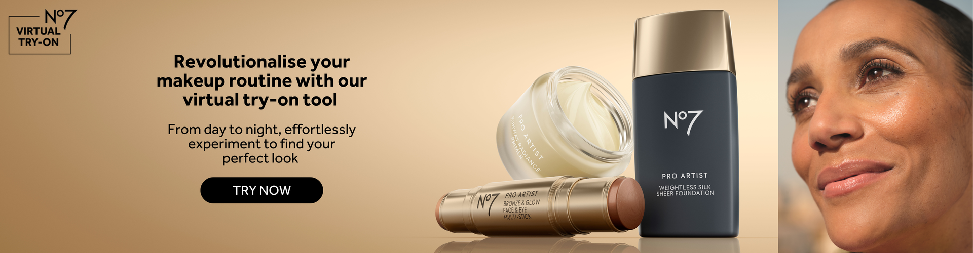 NEW Pro Artist Foundation, radiance primer and bronze and glow stick on a gold background with a model wearing an orange top outside and another woman wearing a pink top. White box with black text saying 'NEW' - Copy reads "Revolutionalise your makeup routine with our virtual try-on tool.  From day to night, effortlessly experiment to find your perfect look"
