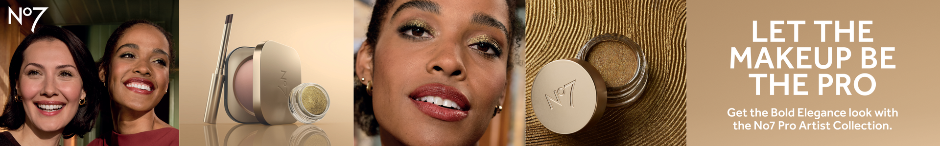NEW Pro Artist Foundation, radiance primer and bronze and glow stick on a gold background with a model wearing an orange top outside and another woman wearing a pink top. White box with black text saying 'NEW' - Copy reads "From Sunrise to sunset like a pro. No7 Pro Artist Collection""