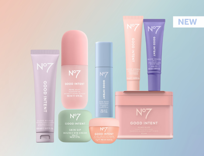 Ombre pastel coloured background with peach, blue and purple shades. 'New' text in light blue with white box in the right top corner. 8 GOOD INTENT products photos.