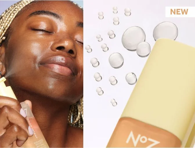 Close up photo of a model spraying the serum spray. Another close up photo of the product with its droplets next to it.