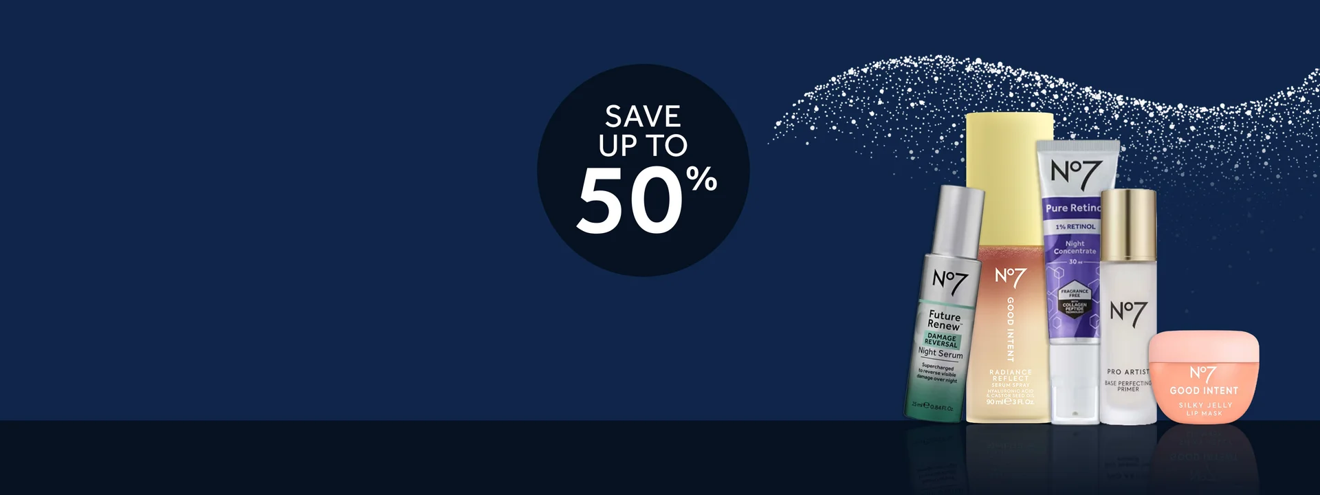 Banner image is a dark blue with silver glitter. A black roundel with white text reads 'save up to 50%'. Featured are various No7 skincare products in the sale