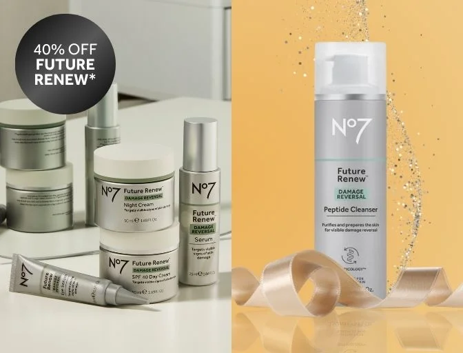 Image features three Future Renew Damage Reversal Products: Eye Serum, Serum and Day Cream with a save 40% roundel.