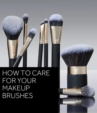 No7 Pro Artist Makeup Brushes on a grey background. A black box with white copy reads 'How to care for your makeup brushes'