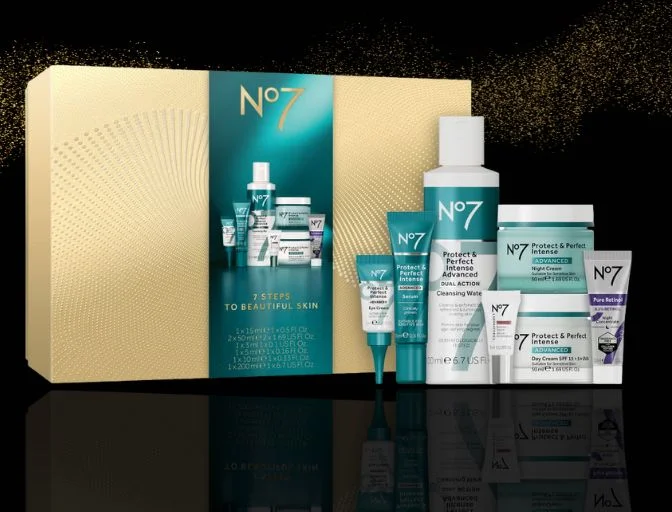 Image features the No7 PROTECT & PERFECT REGIME on a black background with a reflection