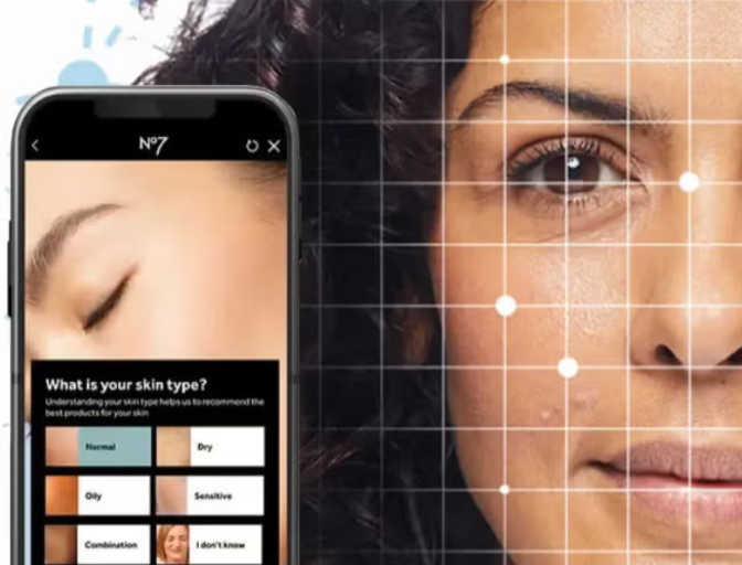 Photo of a woman with a grid over her face to represent skin analysis. Phone showing a screen of the skin analysis process.