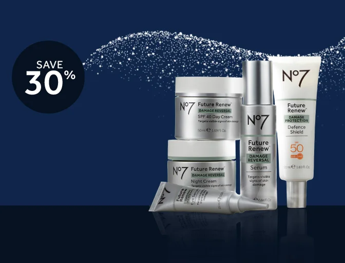 No7 Future Renew Products on a dark blue background with silver glitter waved above the products. Black roundel reads 'save 30%'