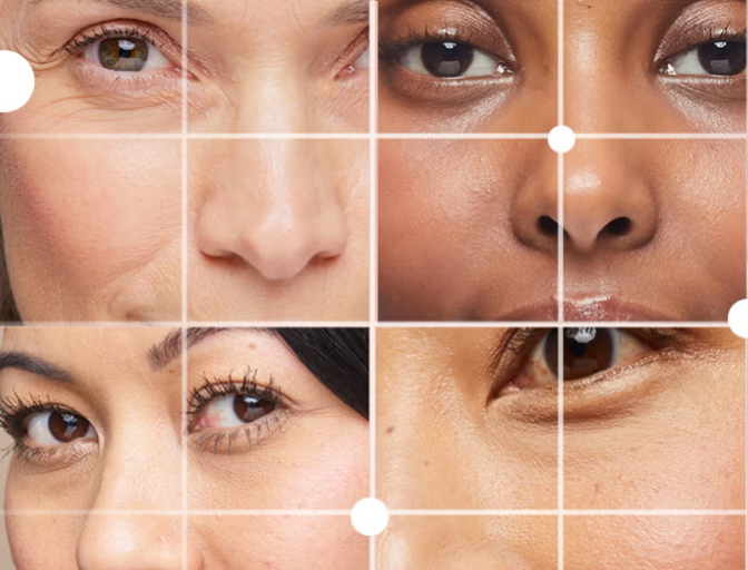 Zoomed in photo of 4 women's faces with a grid over the top to represent colour matching foundation finder tool.
