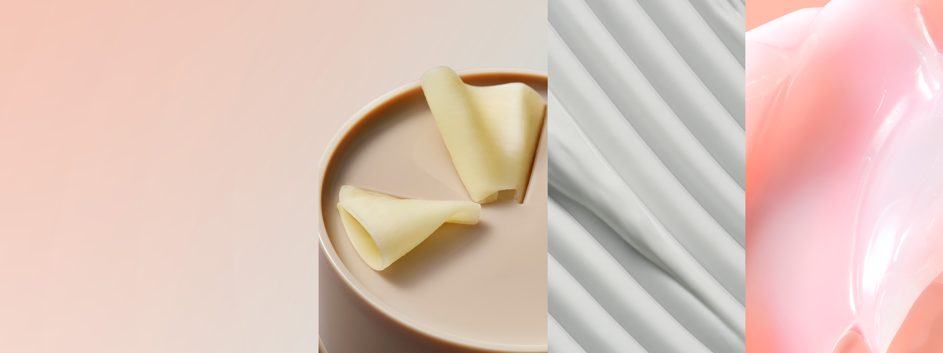 Pastel colour ombre background in shades of pink, purple and blue.3 photos showcase textures from the GOOD INTENT range; 1 shows a pink jelly, 1 shows a white cream and 1 shows shavings of a cream coloured product in a toffee coloured package.