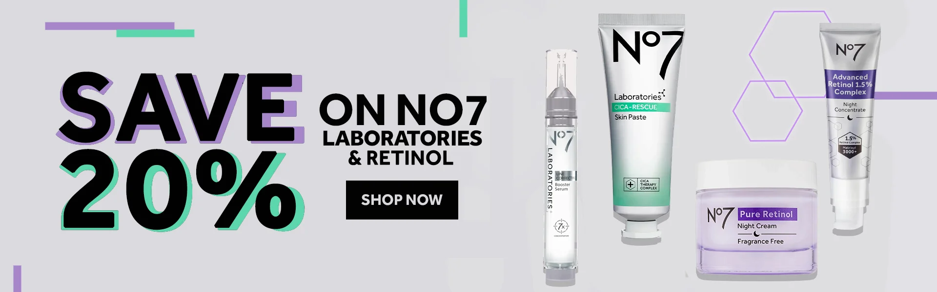 Save 20 percent on No7 Laboratories and Retinol