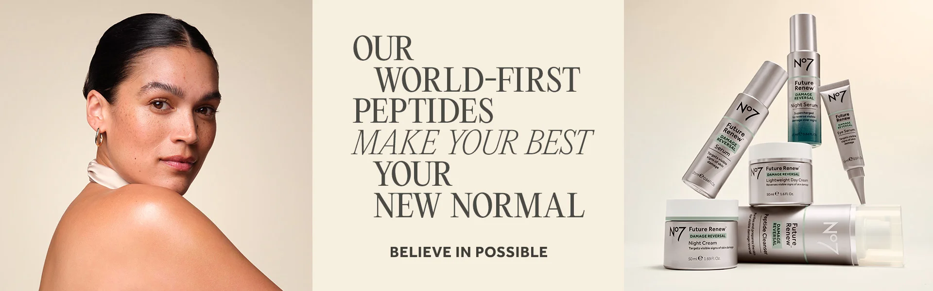 OUR WORLD-FIRST PEPTIDES MAKE YOUR BEST YOUR NEW NORMAL. SHOP NOW. NEW. Image features Future Renew Damage Reversal Neck & Décollatage Serum, SPF15 Hand Cream and Body Serum