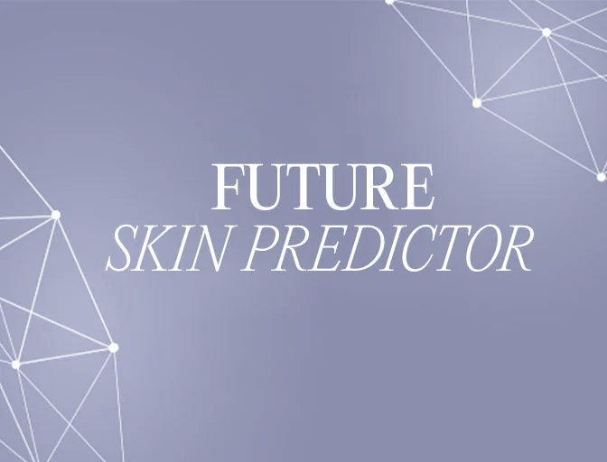 Text 'No7 FUTURE SKIN PREDICTOR' on a purple gradient background with a blurb that reads 'See how our game-changing No7 products could transform the appearance of your skin over time' and a click to get started button.