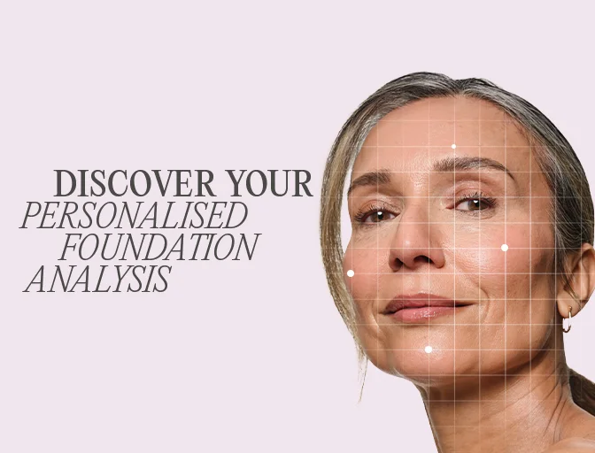 Photo of a woman with a grid over her face to represent foundation analysis. Phone showing a screen of the foundation analysis process.