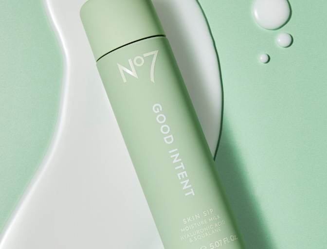 No7 Good Intent Cleansing Balm and Whipped Foam cleanser, falling in front of a ombre gradient background