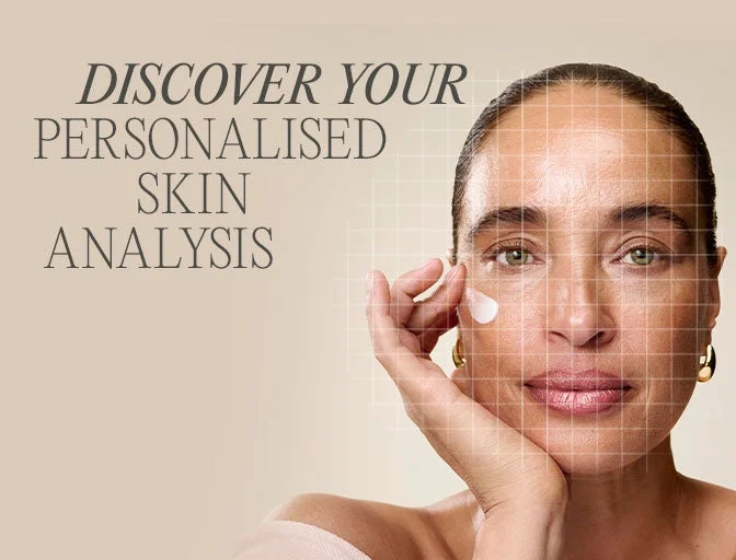 Photo of a woman with a grid over her face to represent skin analysis. Phone showing a screen of the skin analysis process.