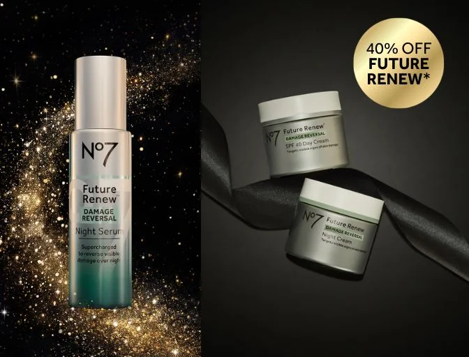 Image features three Future Renew Products: Night Serum and the Day and Night creams on black backgrounds with some glitter behind the night serum