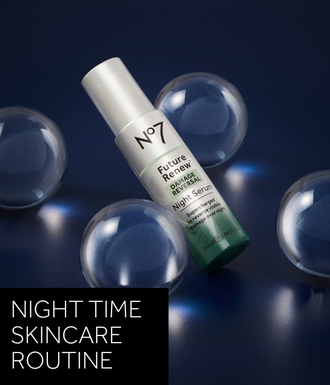 'Nighttime skincare routine' text in white over black box. Image is photo of Future Renew Night Serum surrounded by bubbles